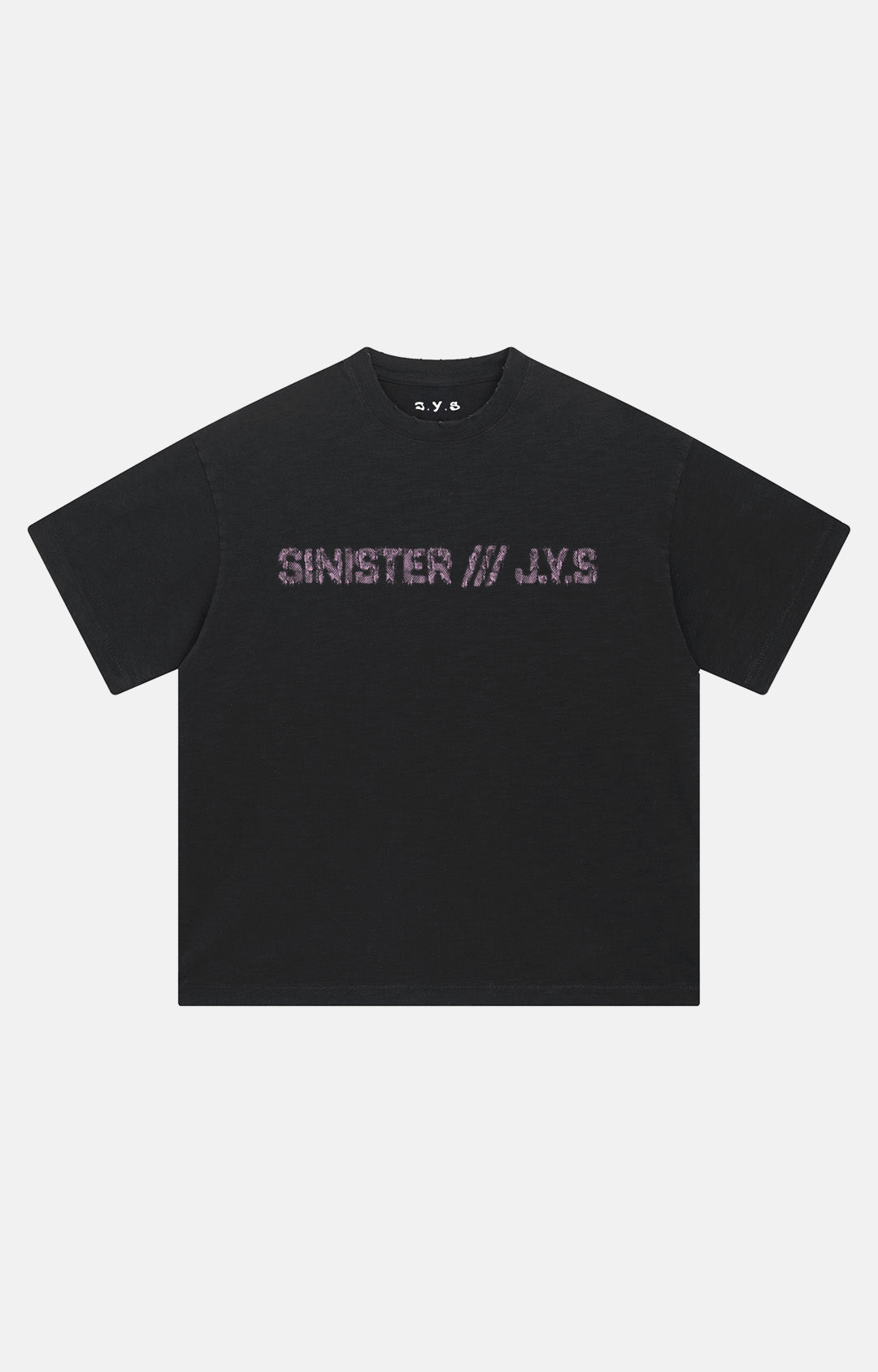Black t-shirt with 'Sinister J.Y.S.' text on a white background