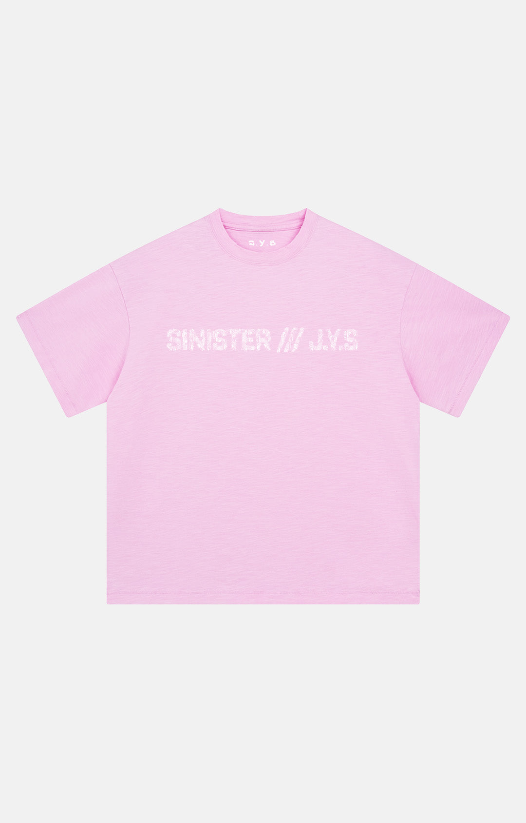 Pink t-shirt with white text on a WHITE purple background