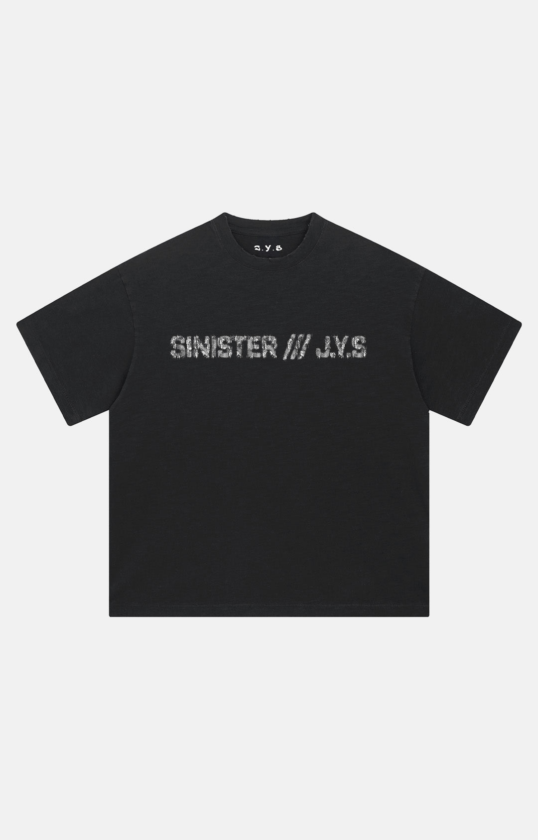 Black t-shirt with 'SINISTER /// J.Y.S.' text on a white background