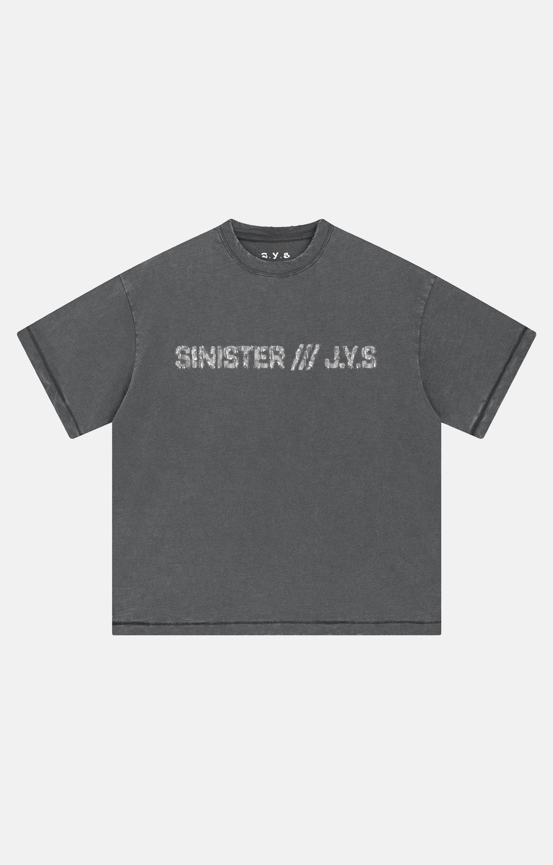 Gray t-shirt with 'Sinister J.Y.S.' text on a white background