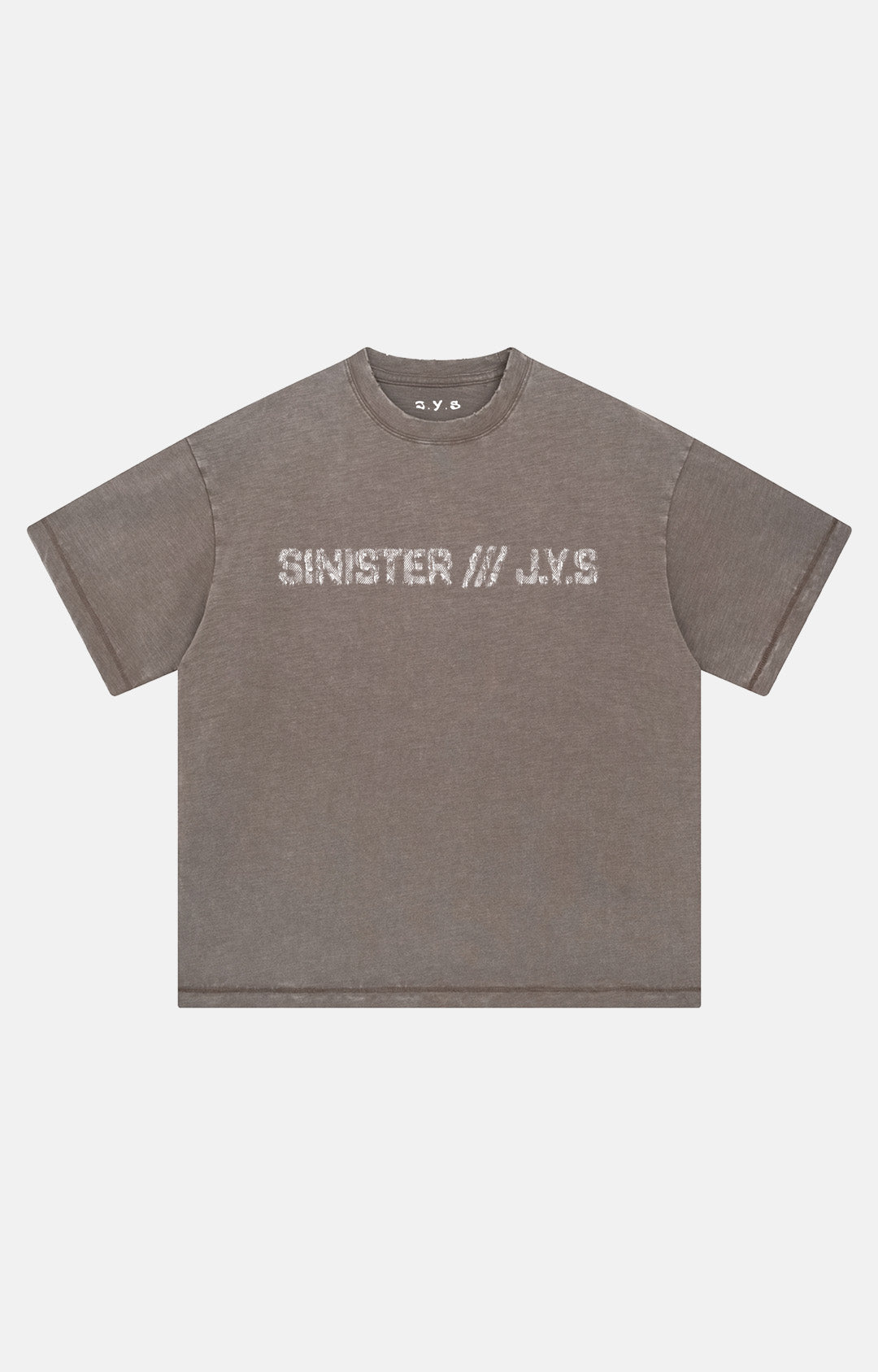 Gray t-shirt with 'Sinister JYS' text on a white background