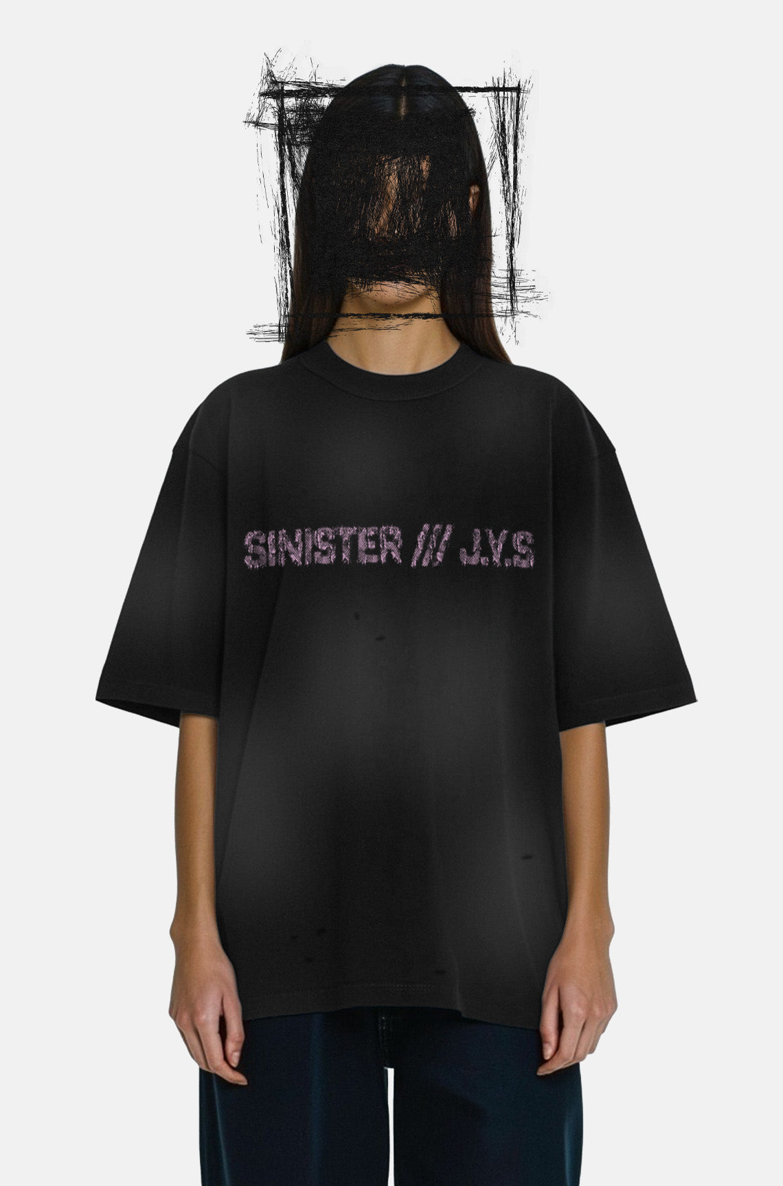 Person wearing a black t-shirt with 'Sinister J.Y.S.' text on a white background